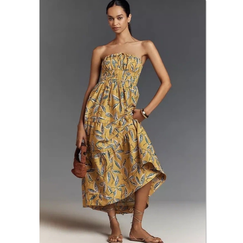 Anthropologie Somerset Strapless Maxi Dress Yellow Pockets S NEW garden party